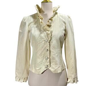 Unique Retro 1960s Cream Jacquard Gothic Ruffle Standing Collar Evening Jacket